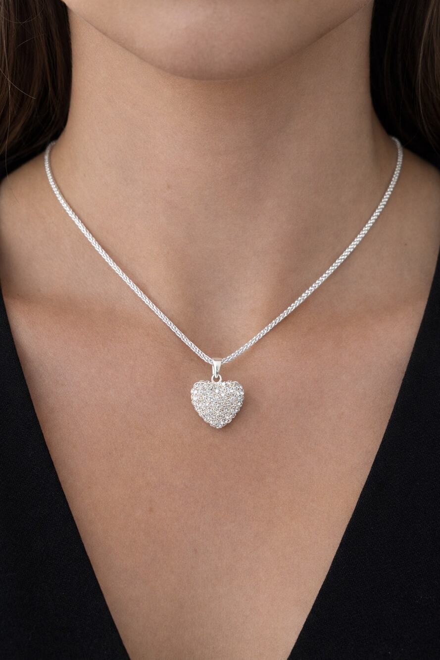 925 Sterling Silver 22" Italian Chain w/ Pavé Heart Crystal Pendant